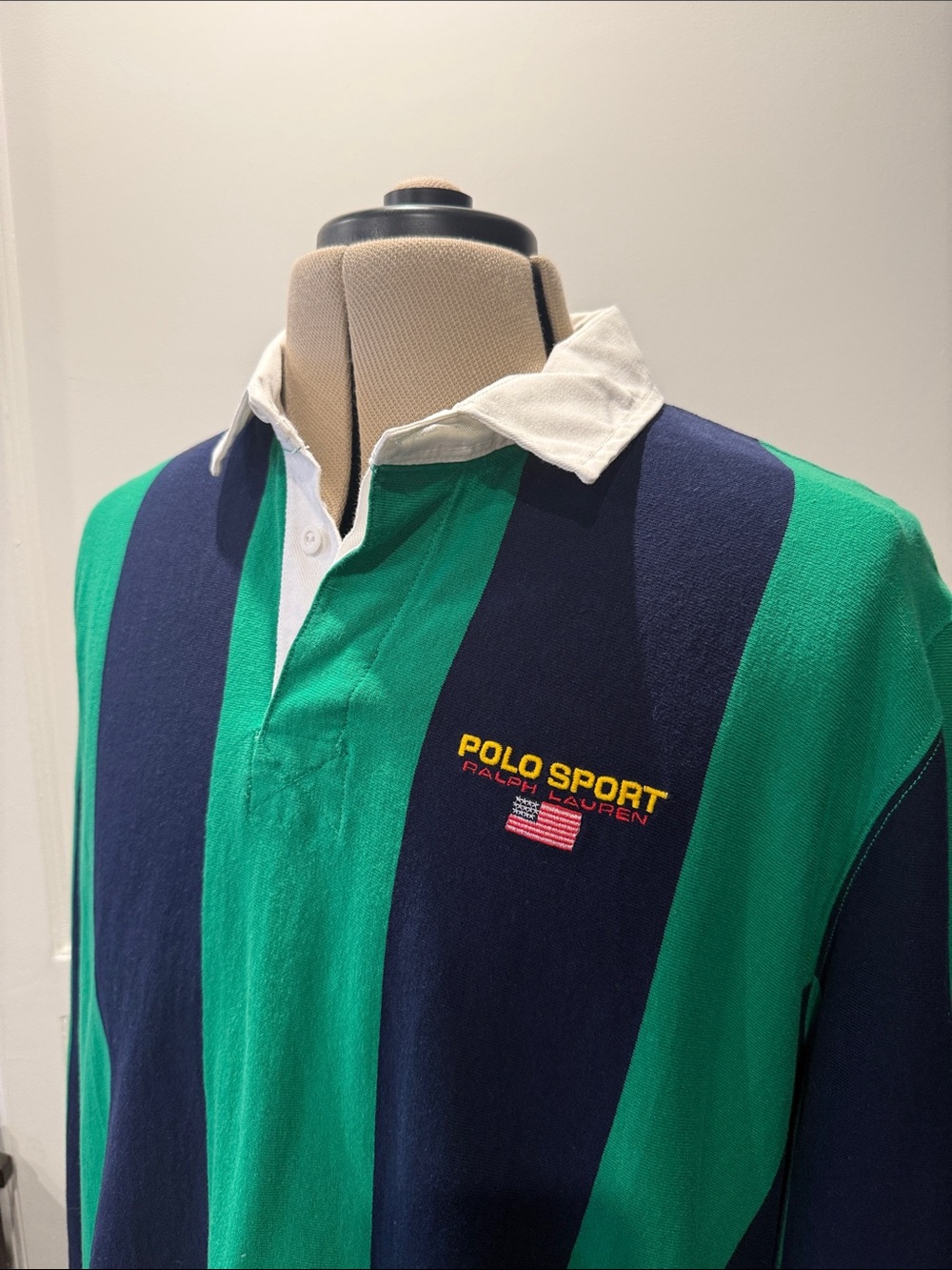 Polo Sport Men's XXL Green Navy Striped Rugby Polo Shirt